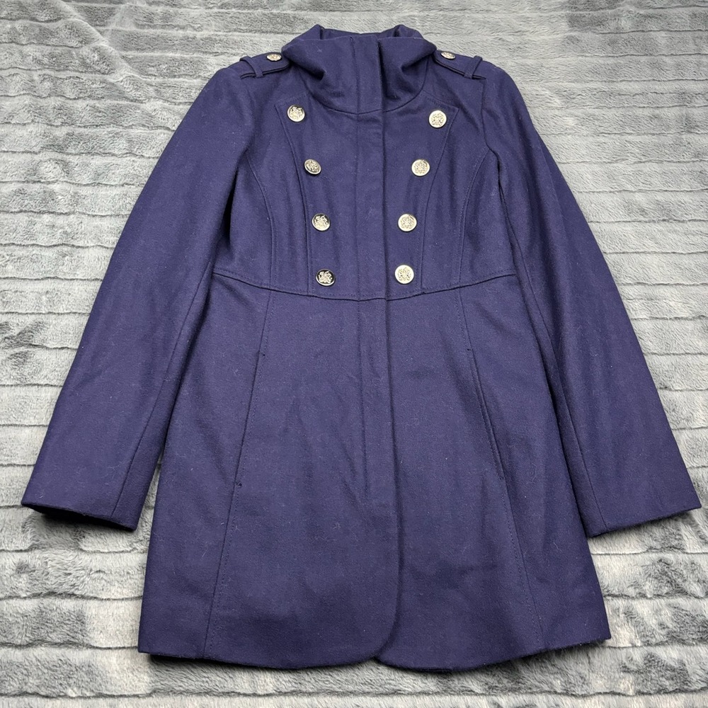 GUESS Los Angeles Womens Navy Blue Wool Blend Double Breasted Pea Coat Size S